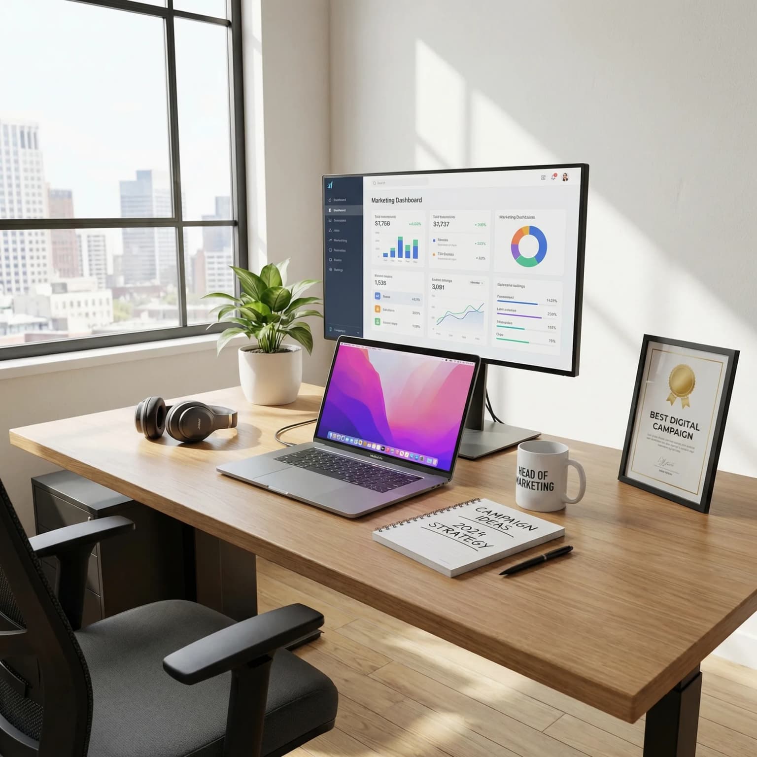 Ein Roboter interagiert mit einem Marketing-Dashboard, symbolisierend KI im Marketing.